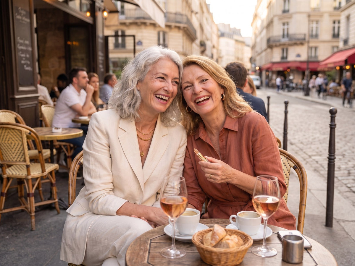 Deux amies de 56 et 61 ans riant à une terrasse, chacune sa teinte L'Unique