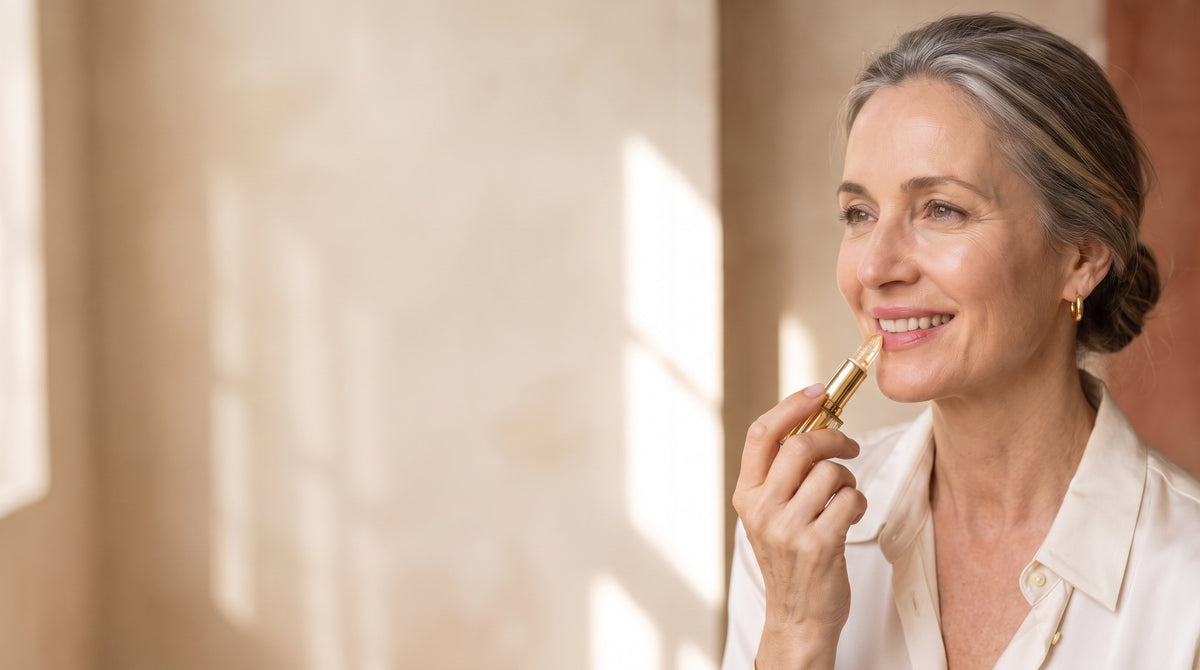 Femme de 52 ans souriante appliquant le baume doré L'Unique, version large