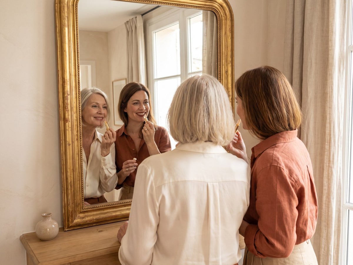 Une mère et sa fille devant le miroir, chacune essaie L'Unique et découvre sa teinte