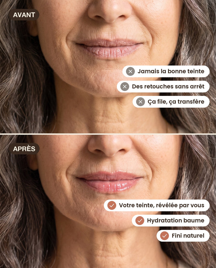Avant / Après L'Unique : jamais la bonne teinte, retouches, ça file ; puis votre teinte révélée, hydratation baume, fini naturel