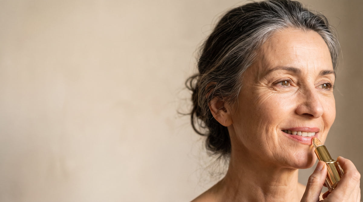 Femme de 58 ans appliquant le rouge à lèvres pH L'Unique by SIENNE, teinte rosée révélée